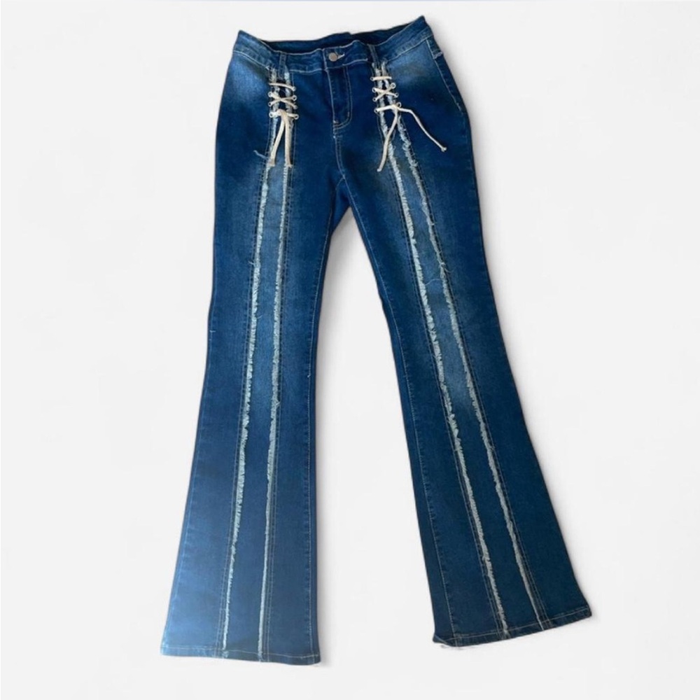 SHEIN Flare Lace Up Frayed Details Stretch Jeans Lg